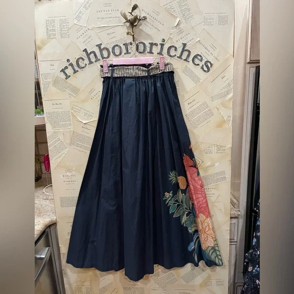 Anthropologie Farm Rio Tropical Maxi Skirt Floral Tie Bow Elastic  Blue Motif - Picture 7 of 8